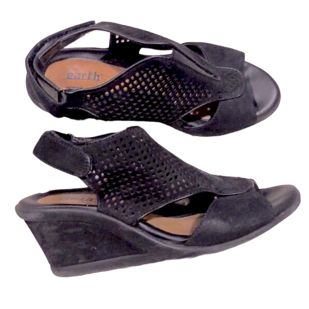 EARTH DALIA PEEP TOE LEATHER SLINGBACK WEDGE SANDALS BLACK SIZE 6